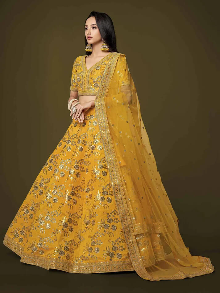 Yellow Silk Lehenga with Zari, Sequins & Dori Work