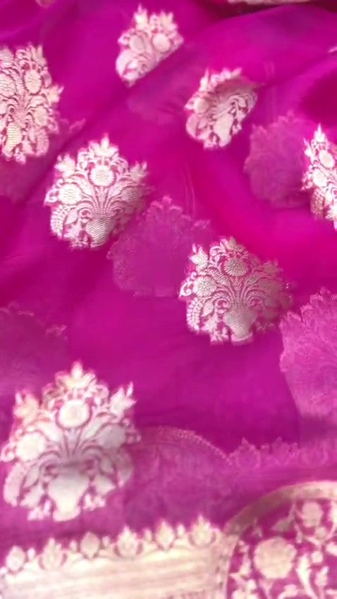 Hot Pink Banarasi Handloom Kora Organza Silk Saree