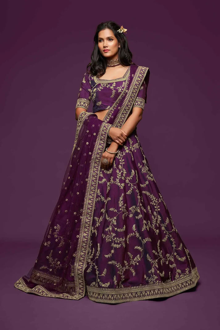 Wine Silk Lehenga with Thread, Zari & Sequins Work