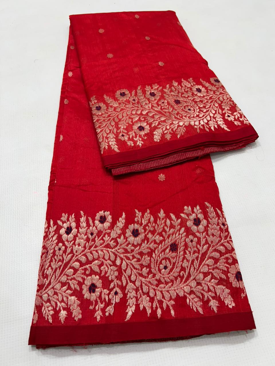 Red Chanderi Handloom Pattu Silk Meenakari Handwork Saree