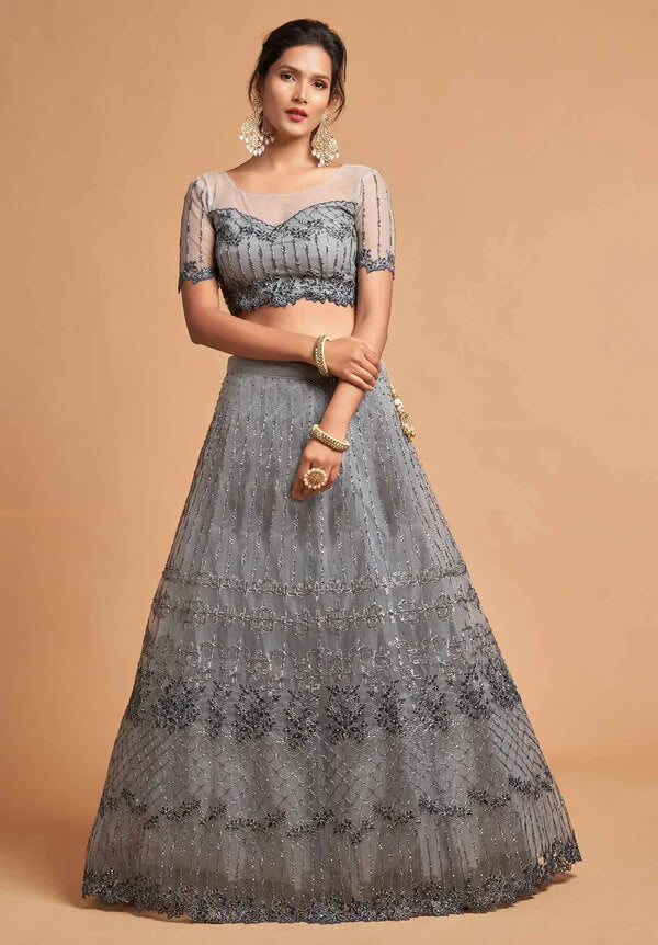 Smokey Grey Soft Net Lehenga with Zari & Thread Work