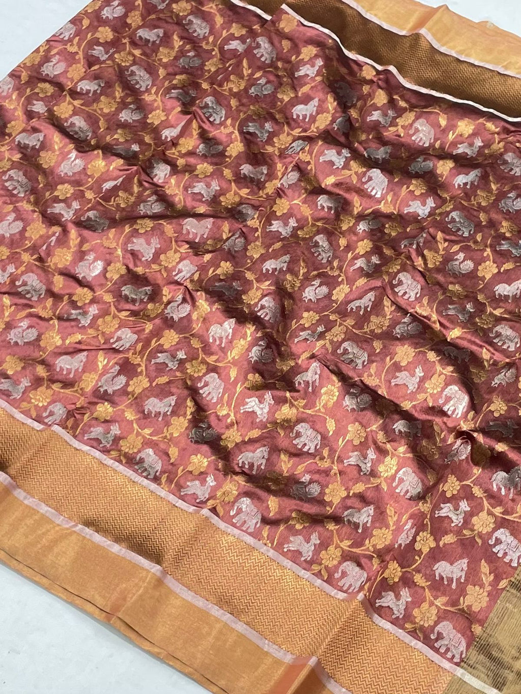 Copper Chanderi Handloom Pattu Silk Shikargah Handwork Saree