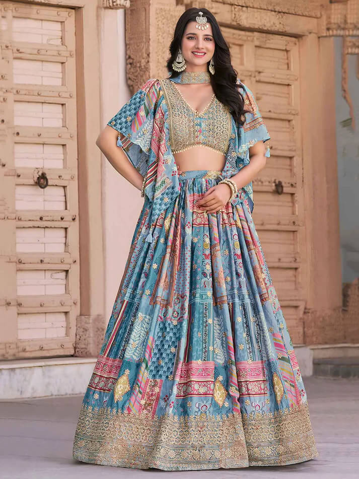Sky Blue Printed Lehenga with Pearl Work Blouse