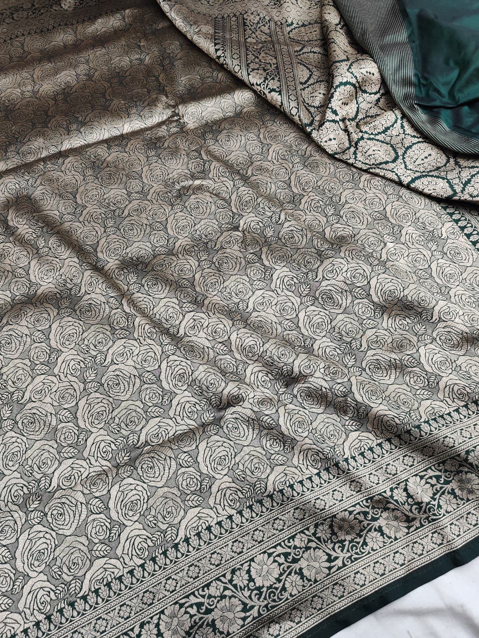 Bottle Green Banarasi Handloom Katan Silk Brocade Saree