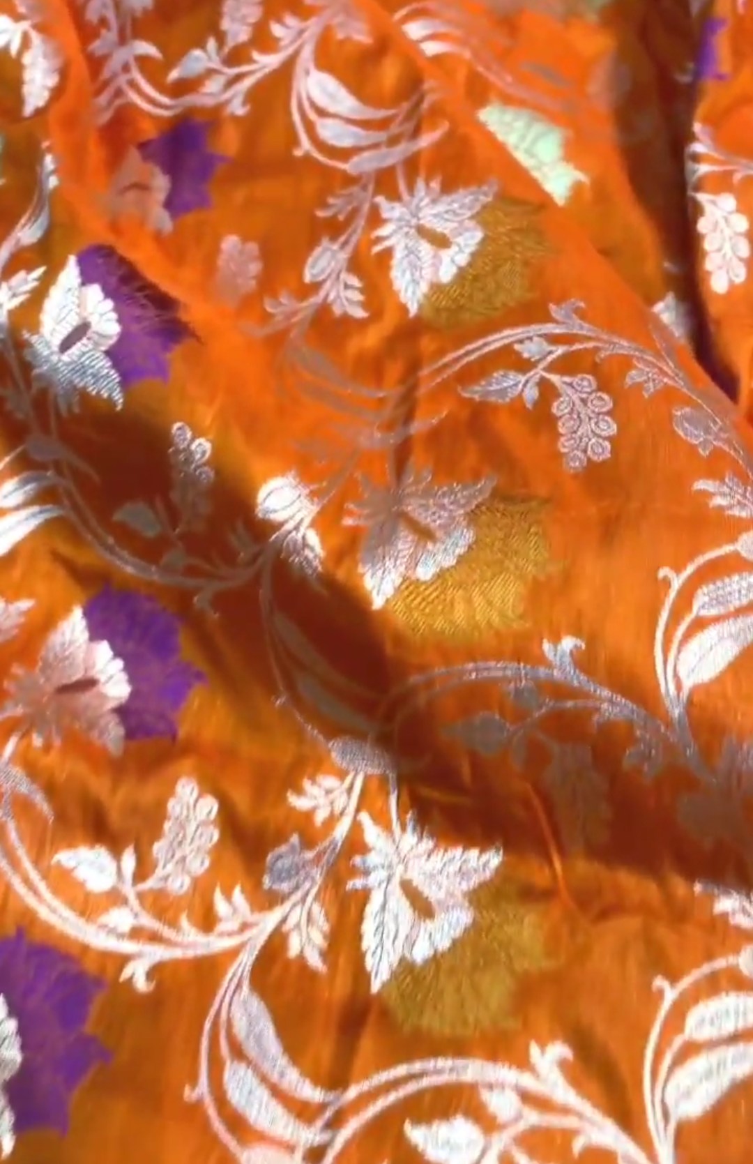 Orange Banarasi Handloom Katan Silk Meenakari Saree