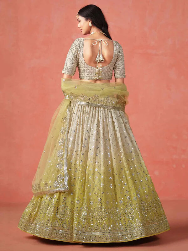 Yellow-Beige Gradient Georgette Lehenga with Zari & Sequins