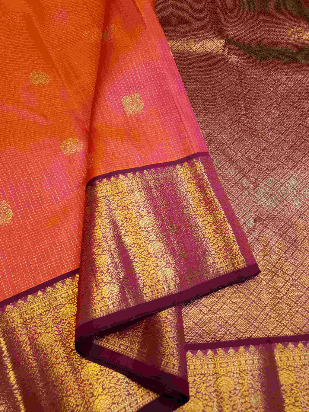 Orange Red Kanchipuram Handloom 2G Pure Gold Vairaoosi Silk Saree
