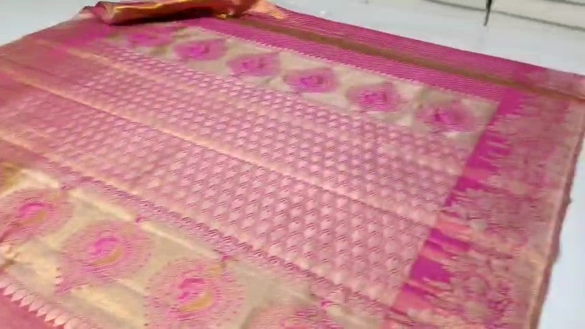 Hot Pink Kanchipuram Handloom Tissue Brocade Bridal Silk Saree