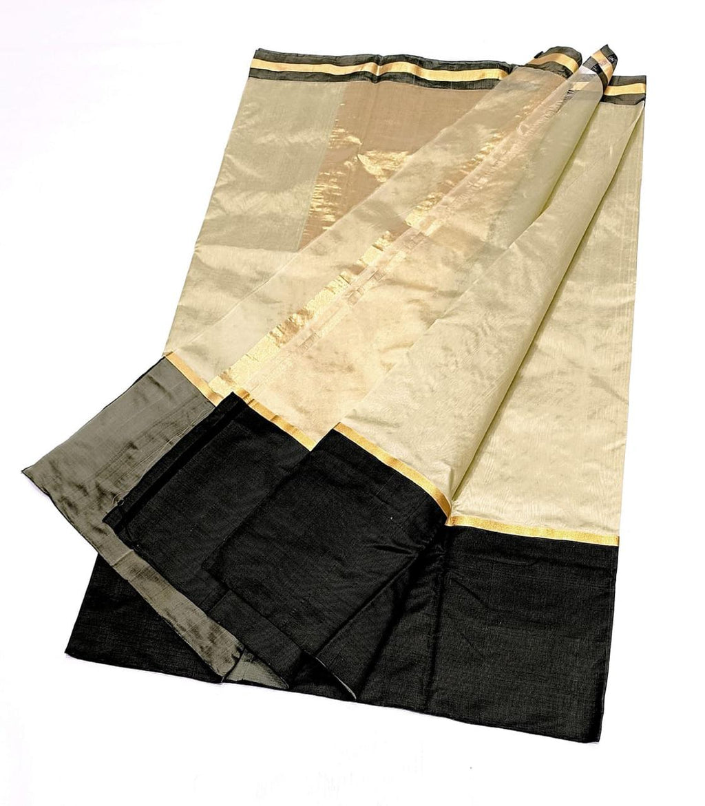 Cream Chanderi Handloom Pattu Silk Mashru Borders Saree