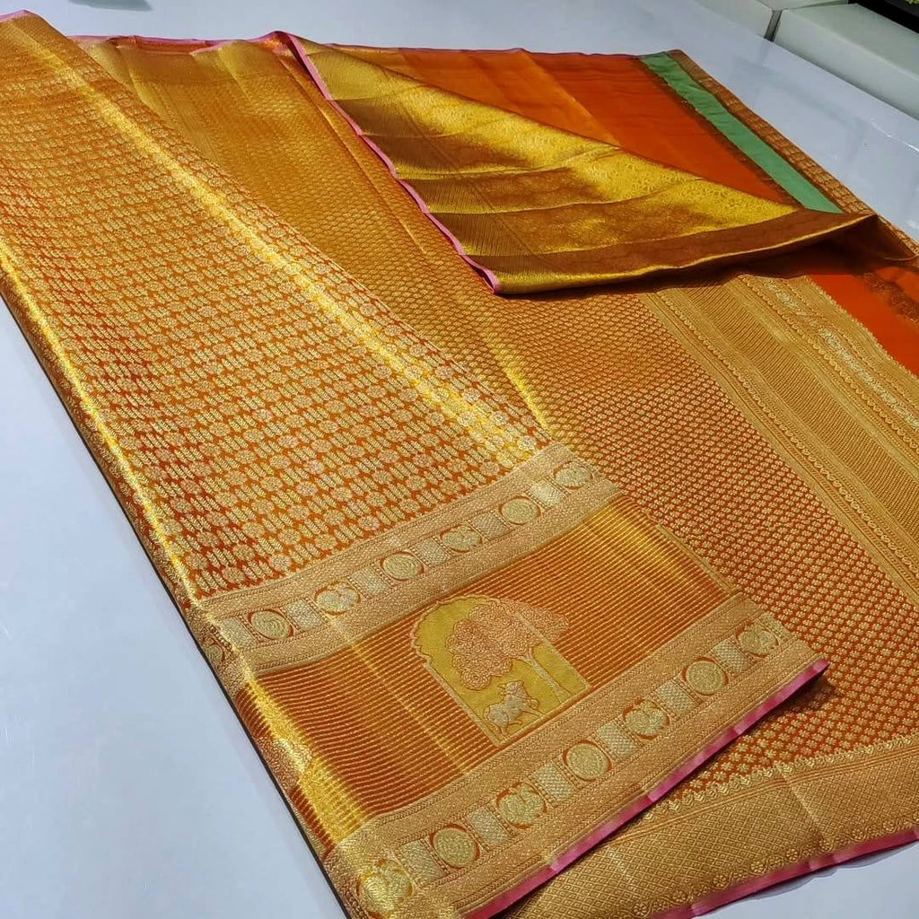 Orange Kanchipuram Handloom Tissue Brocade Silk Meenakari Saree