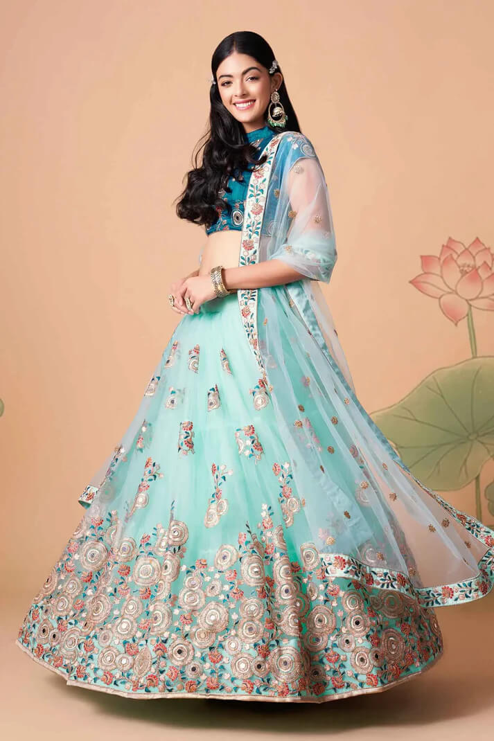 Sky Blue Net Lehenga with Zari, Sequins & Mirror Work