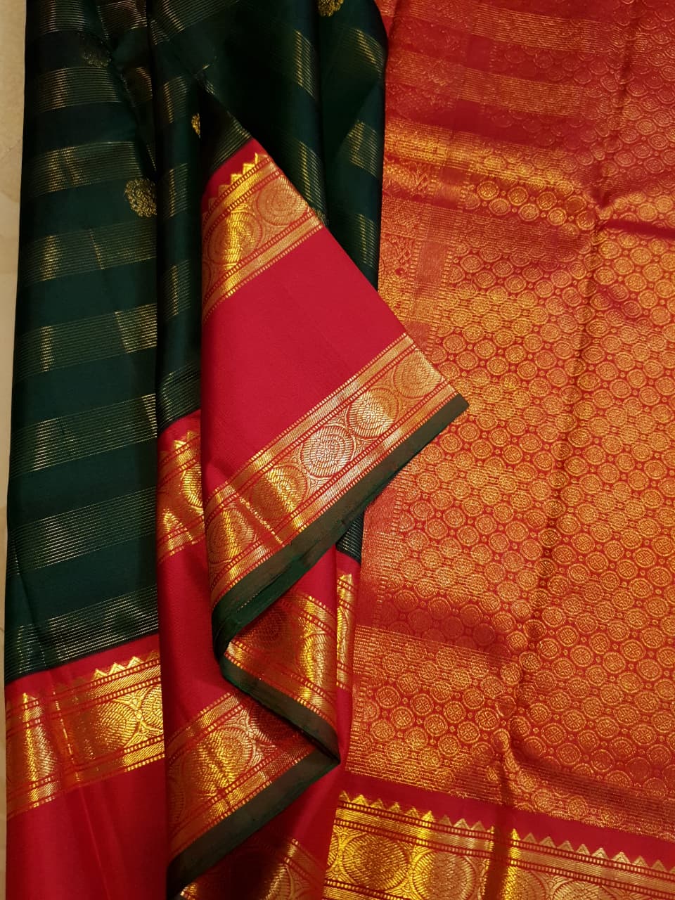 Bottle Green Kanchipuram Handloom 2G Gold Korvai Silk Saree