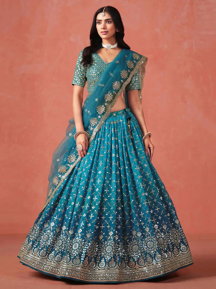 Rama Blue Georgette Lehenga with Zari & Sequins Work