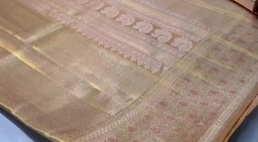 Beige Kanchipuram Handloom Tissue Brocade Silk Saree
