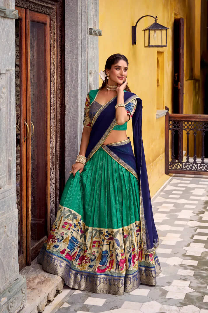 Teal Green Chanderi Lehenga with Kalamkari & Zari Work