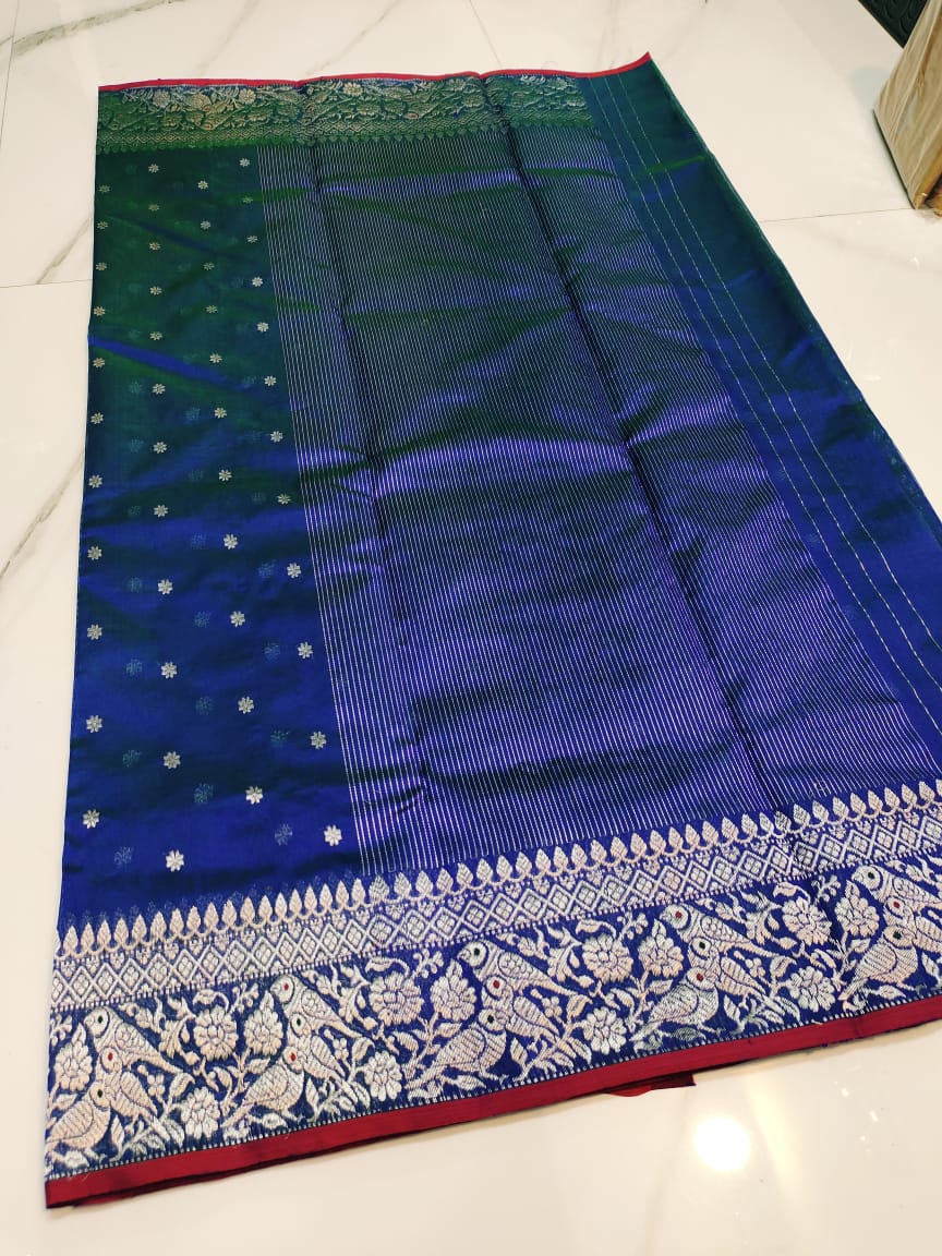 Dual Tone Blue Chanderi Handloom Pattu Silk Handwork Saree