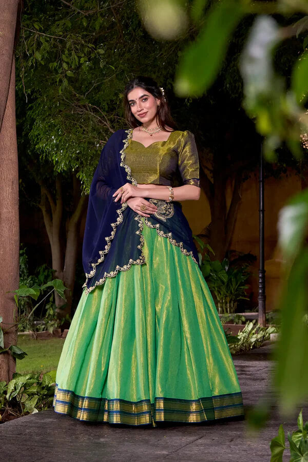 Parrot Green Ethnic Lehenga Choli with Kanchipuram Zari Work