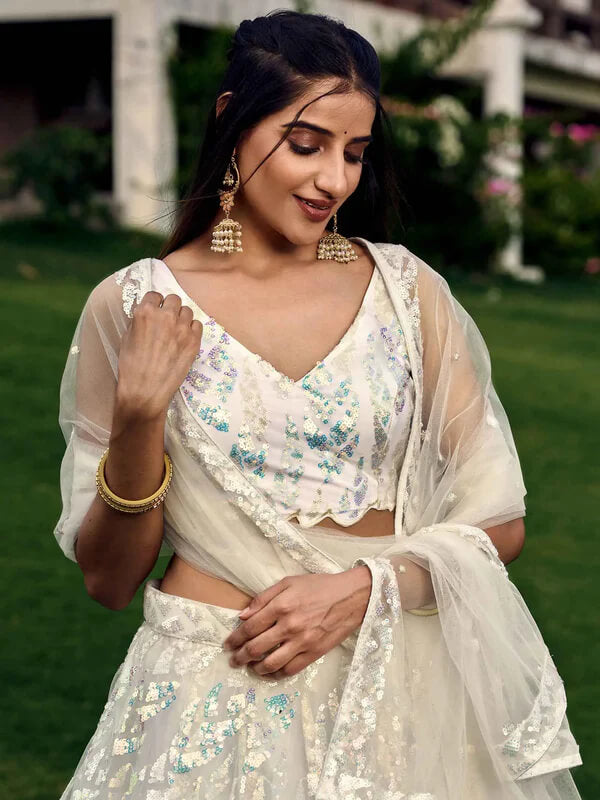 White Soft Net Lehenga with Sequins & Thread Work