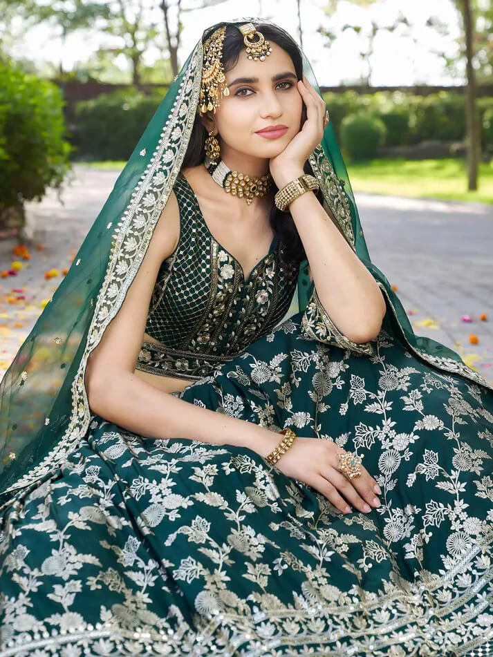 Green Jacquard Lehenga with Zari & Sequins Work