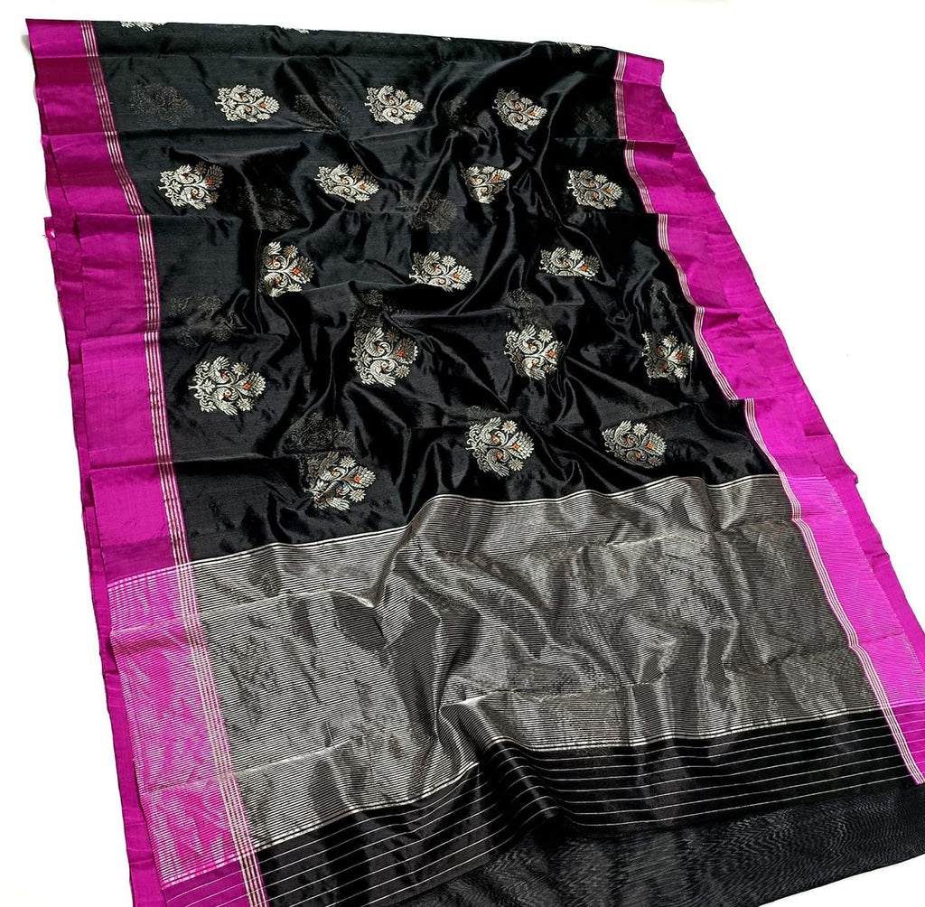 Black Chanderi Handloom Pattu Silk Eknal Buttas Saree