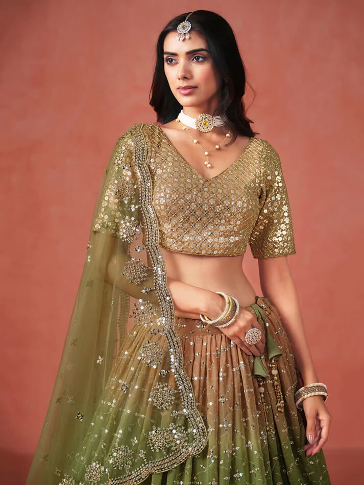Mehandi Green Gradient Georgette Lehenga with Zari & Sequins