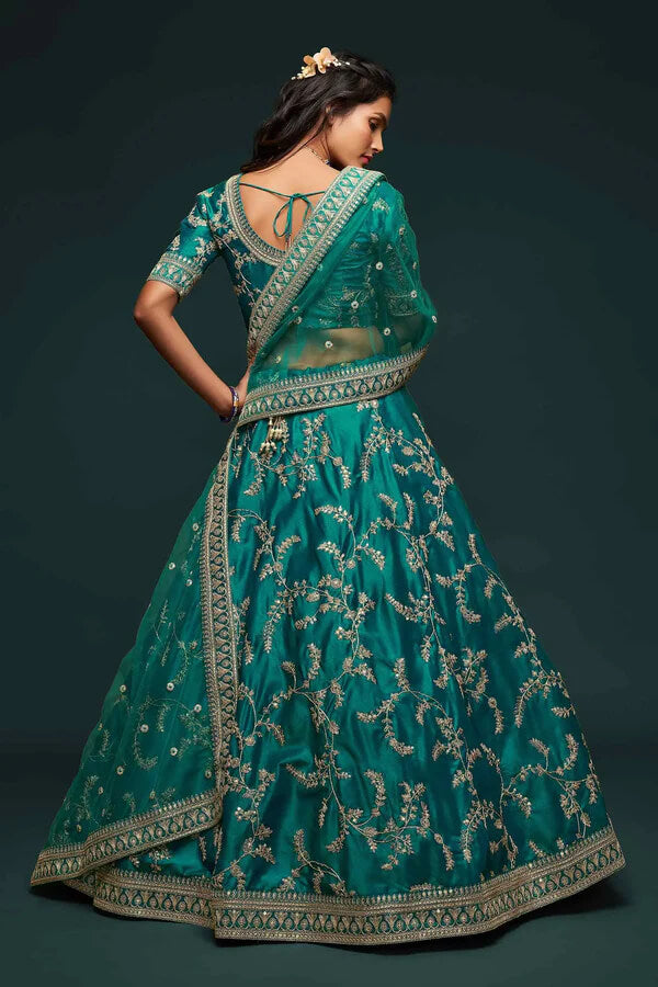 Dark Aqua Green Silk Lehenga with Zari & Sequins Work