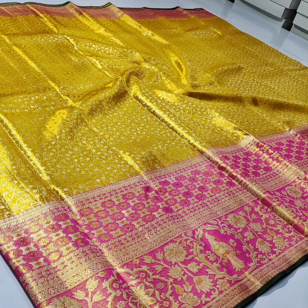 Golden Yellow Kanchipuram Handloom Tissue Brocade Meenakari Silk Saree