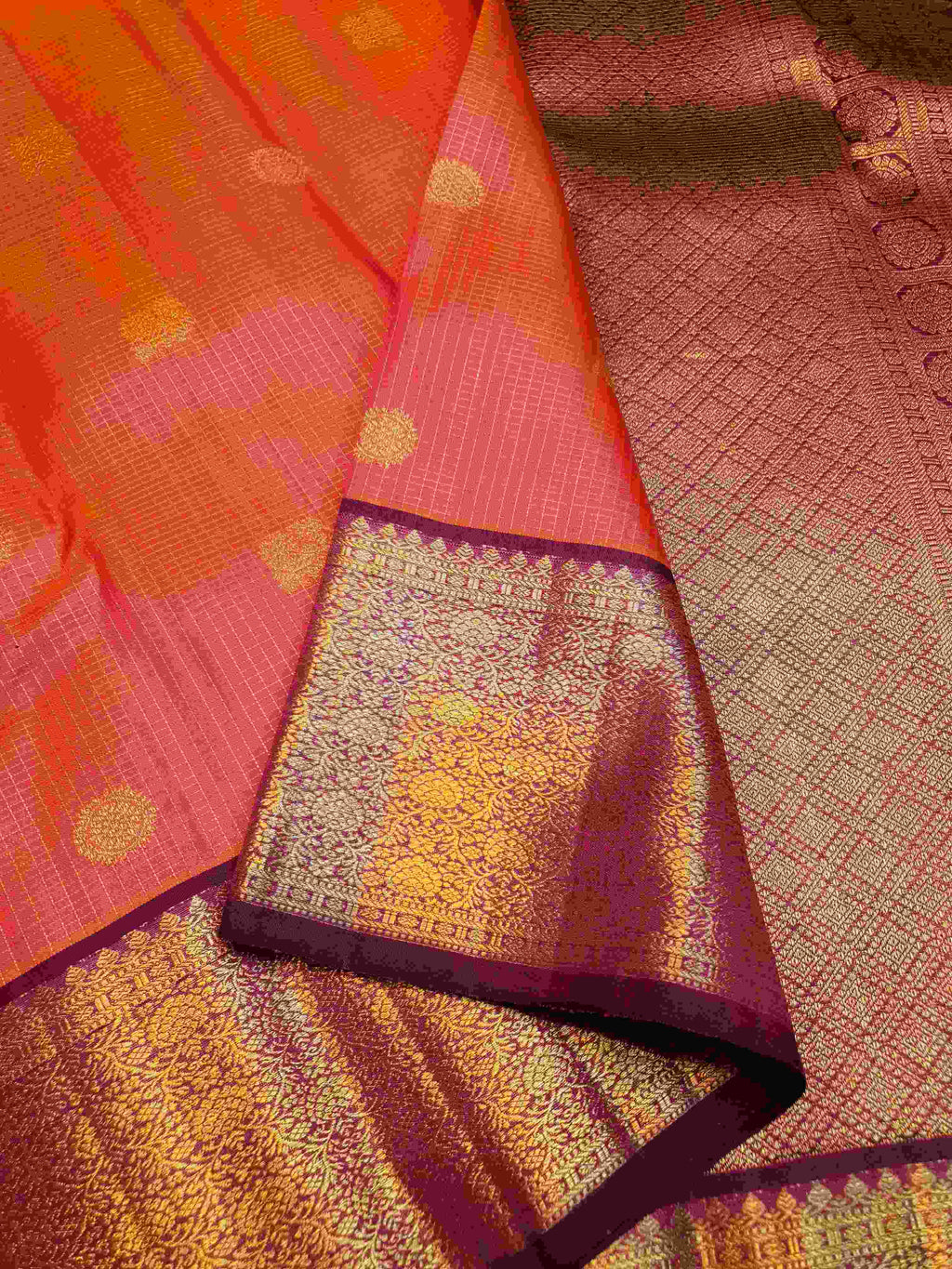 Orange Red Kanchipuram Handloom 2G Pure Gold Vairaoosi Silk Saree