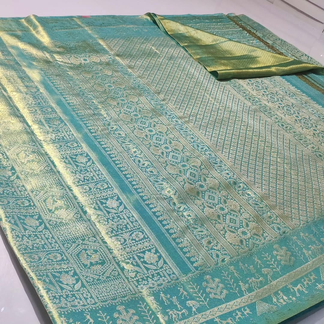 Turquoise Kanchipuram Handloom Tissue Brocade Silk Saree