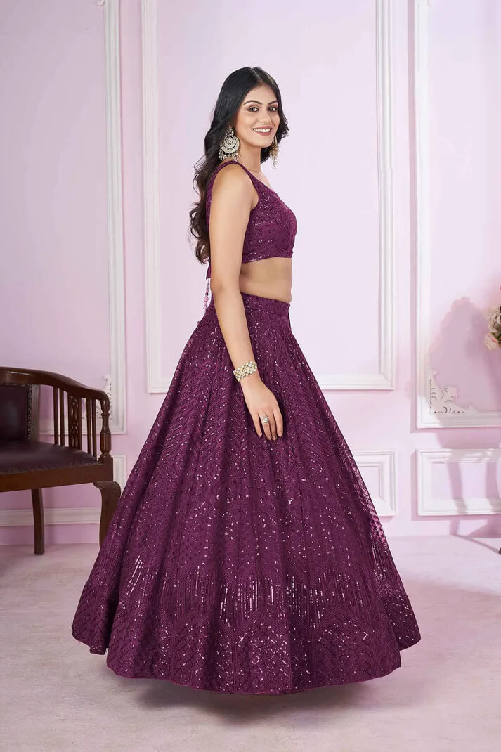 Wine Soft Net Lehenga with Sequins & Thread Embroidery