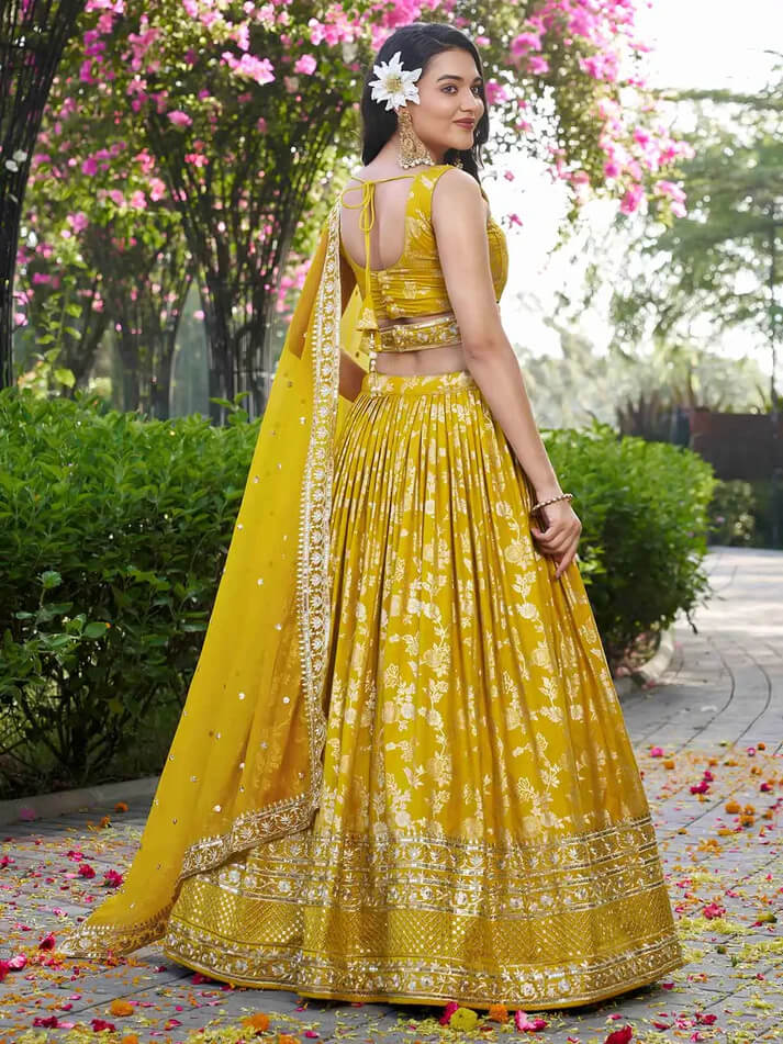 Yellow Jacquard Lehenga with Zari & Sequins Work