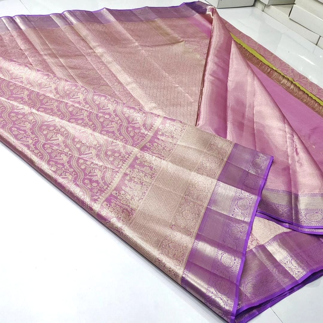 Pink Kanchipuram Handloom Kalyana Pallakku Tissue Brocade Silk Saree
