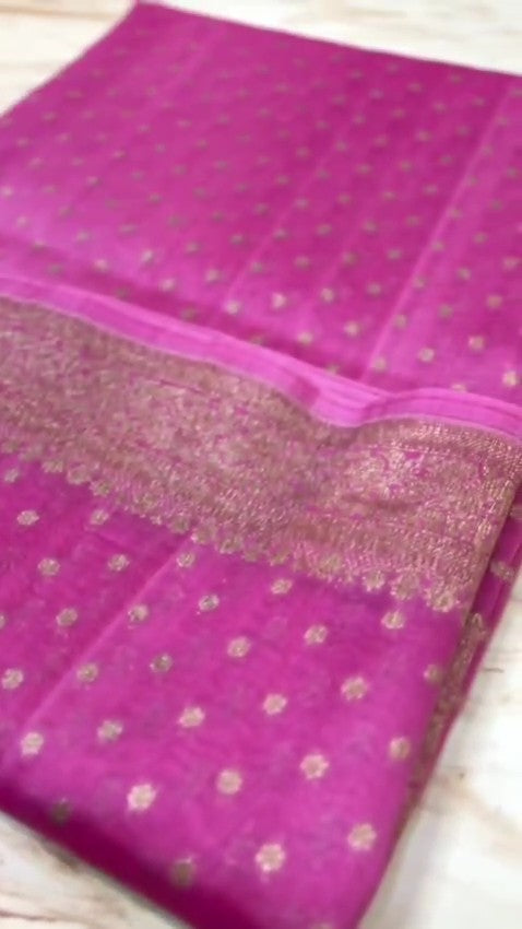 Hot Pink Banarasi Handloom Kora Organza Silk Saree
