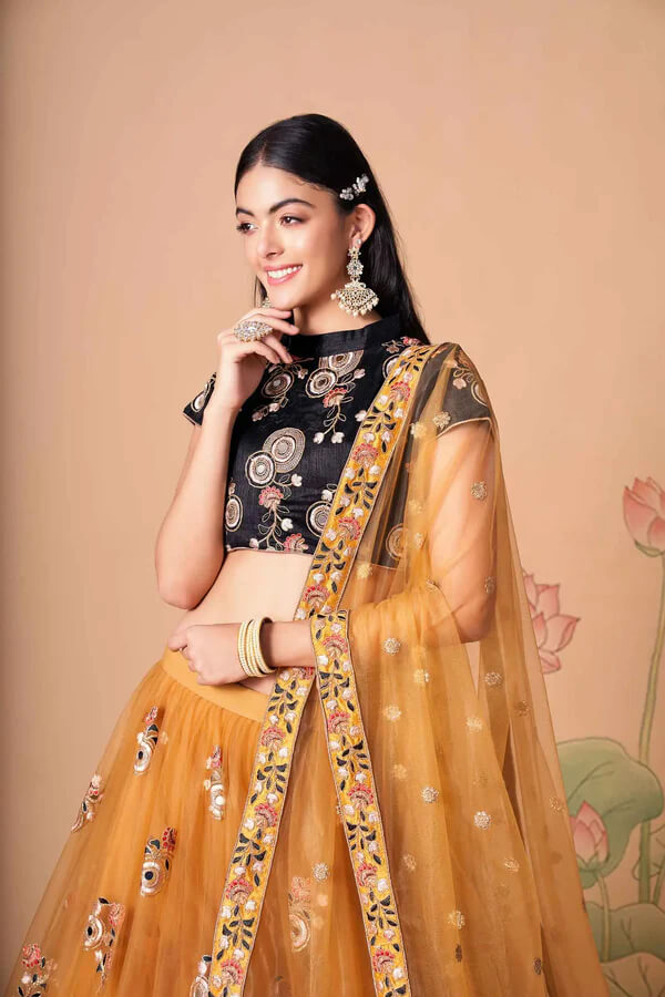 Golden Net Lehenga with Zari, Sequins & Mirror Work