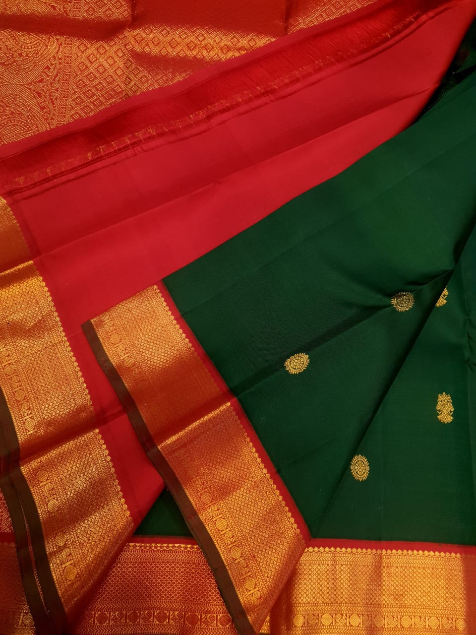 Bottle Green Kanchipuram Handloom 2G Gold Pattu Silk Saree
