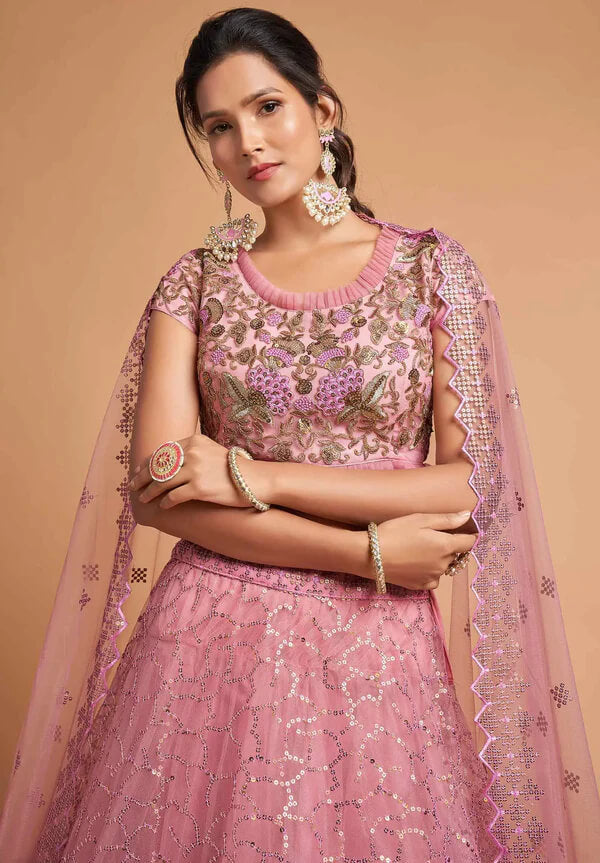 Blush Pink Soft Net Lehenga with Zari & Thread Work