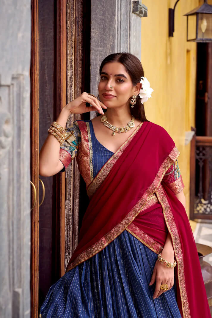 Navy Blue Chanderi Lehenga with Kalamkari & Zari Work