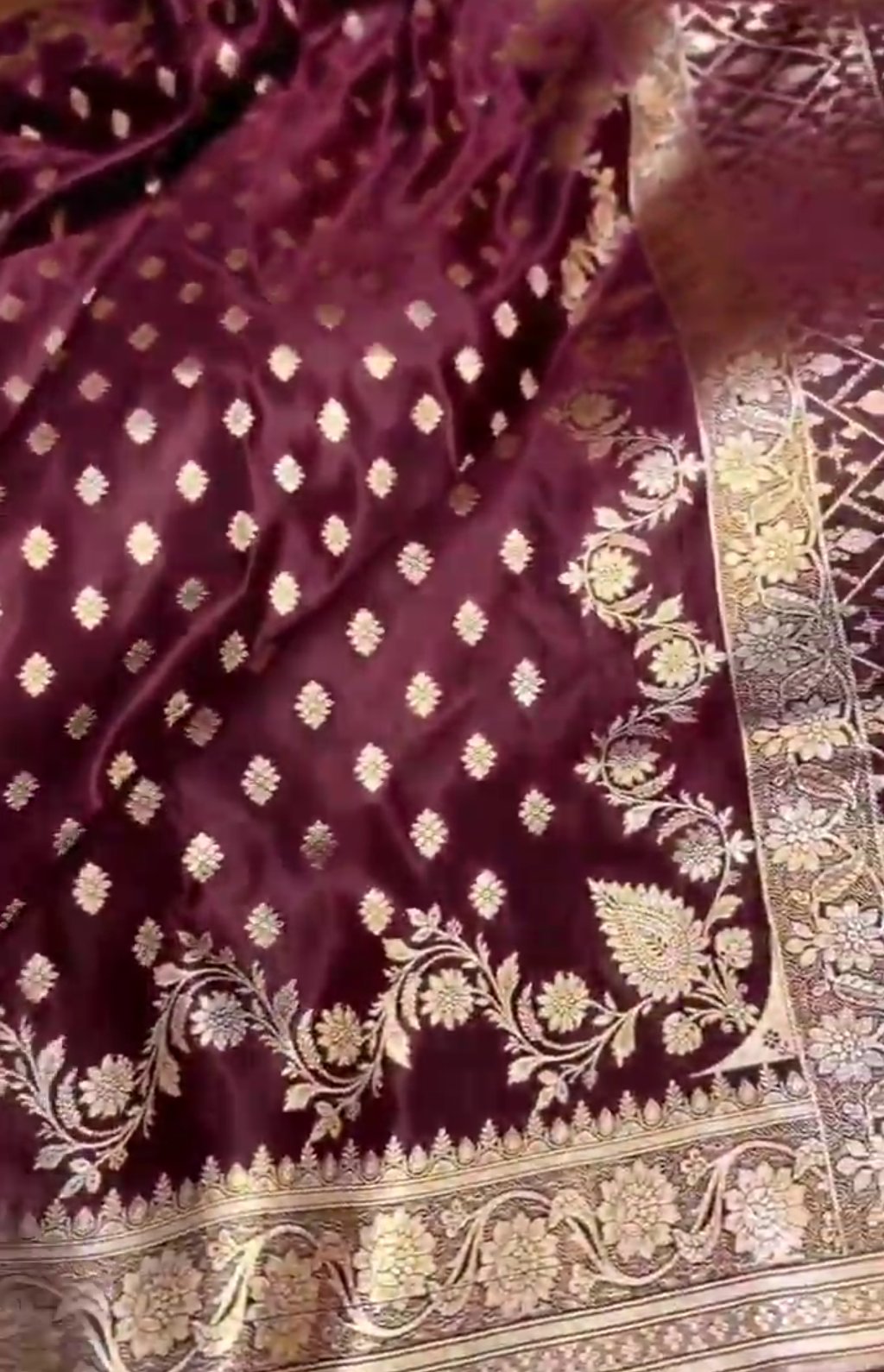 Wine Banarasi Satin Katan Silk Saree