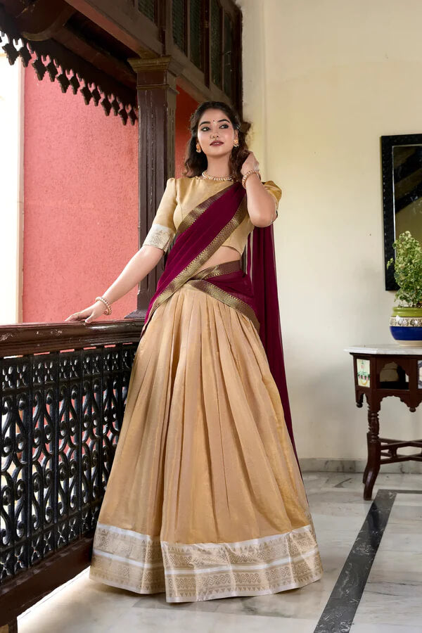 Beige Kanchipuram Silk Lehenga Choli with Elegant Zari Work