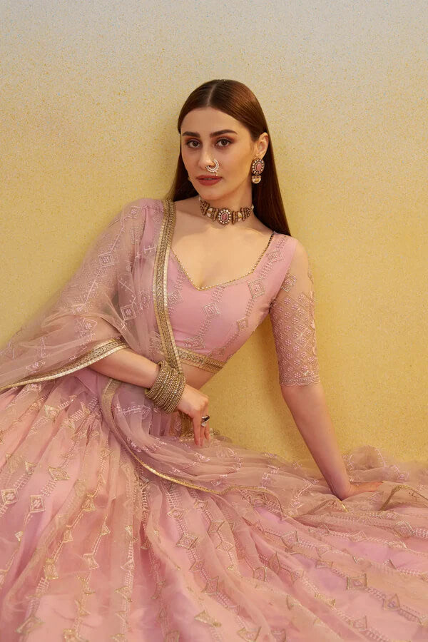 Party Wear Light Pink Net Lehenga Choli with Embroidery