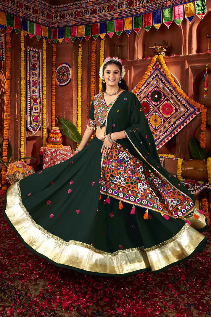 Designer Green Mirror & Thread Work Navratri Lehenga