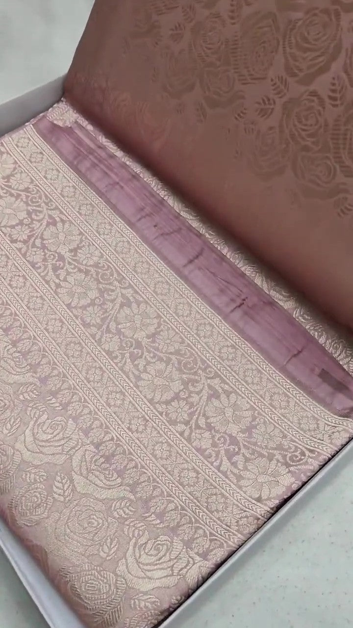 Pinkish Beige Banarasi Handloom Katan Silk Brocade Saree