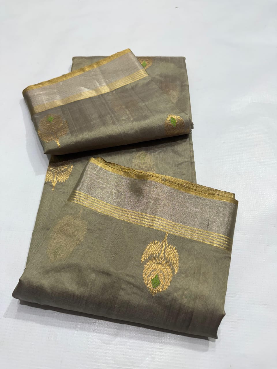Olive Green Chanderi Handloom Pattu Silk Meenakari Saree