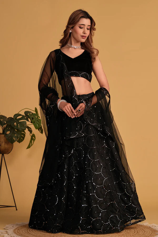 Black Organza Lehenga with Sequins Embroidery Work