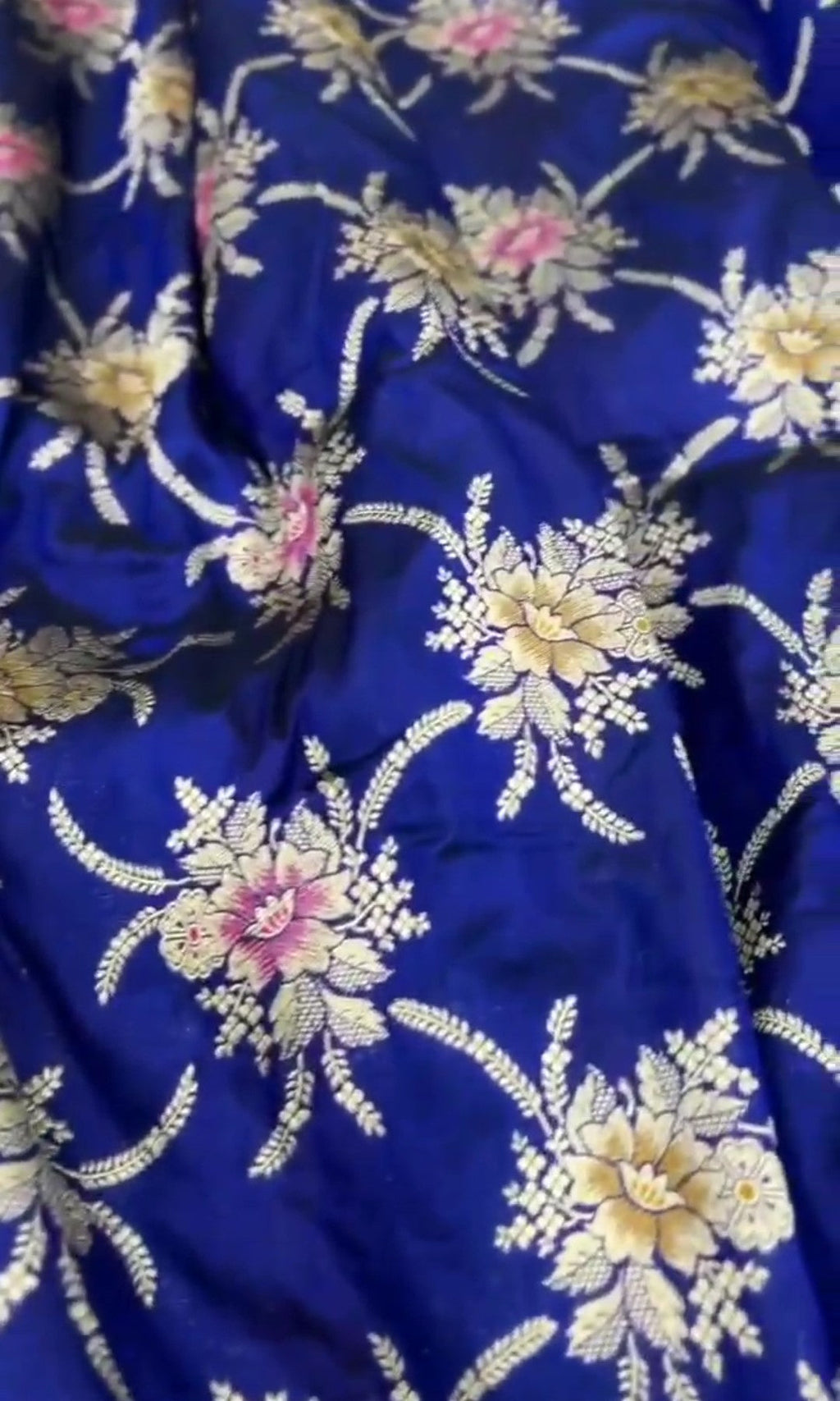 Azure Blue Handloom Banarasi Katan Silk Saree with Colorful Meenakari Floral Borders and Silk Mark Authenticity Label.