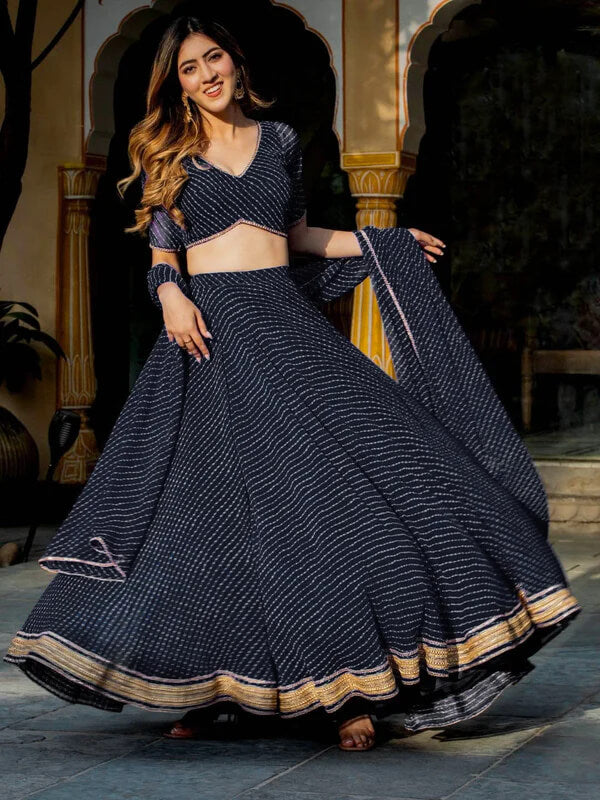 Black Leheriya Georgette Lehenga with Zari Lace Work