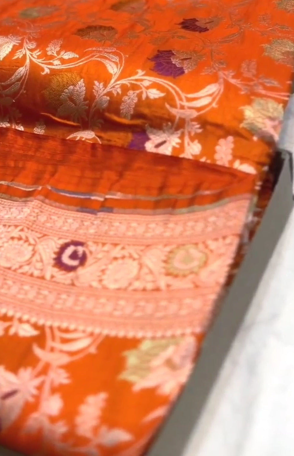 Orange Banarasi Handloom Katan Silk Meenakari Saree