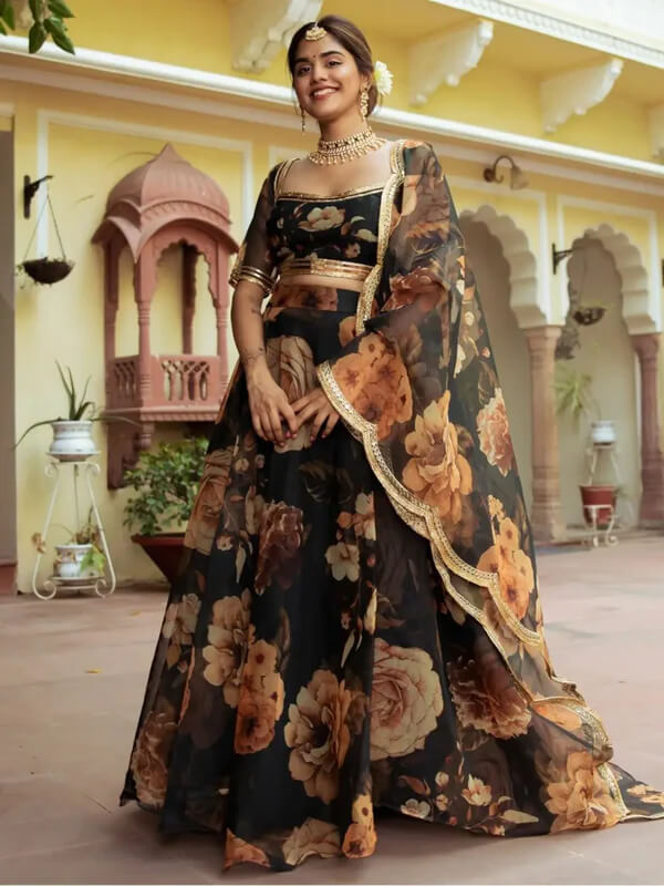 Black Organza Lehenga with Floral Print & Gota Patti