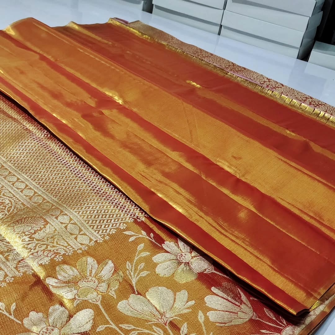 Orange Kanchipuram Handloom Tissue Brocade Silk Saree