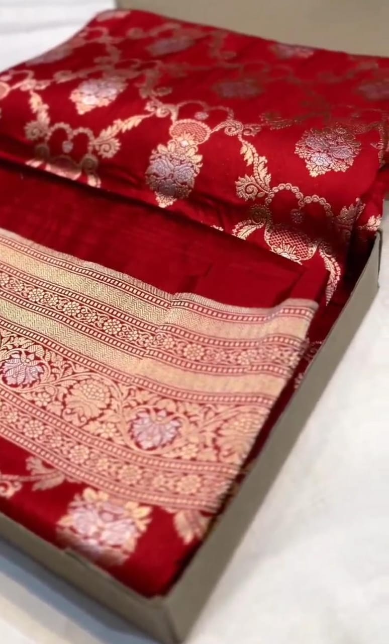 A bridal red Banarasi Katan silk saree featuring intricate hand-woven Sona Rupa zari motifs in gold and silver.